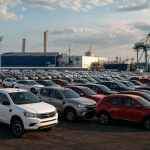 Pátio automotivo com veículos novos em área industrial brasileira