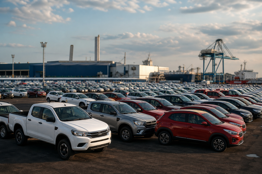 Pátio automotivo com veículos novos em área industrial brasileira