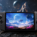 Console portátil exibindo uma cena abstrata de aventura espacial e fantasia, sem textos ou logotipos