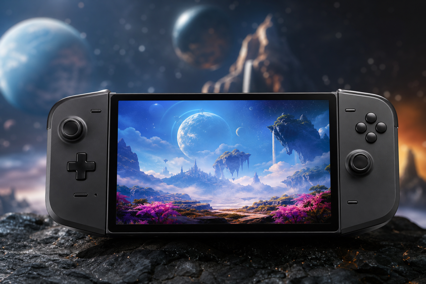 Console portátil exibindo uma cena abstrata de aventura espacial e fantasia, sem textos ou logotipos