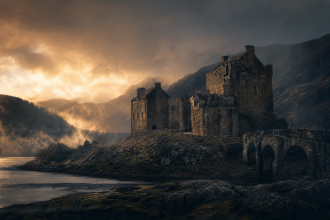Castelo nas Terras Altas da Escócia em atmosfera de mistério para ilustrar reality show de estratégia
